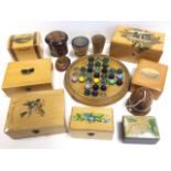 A collection of mauchline boxes including Holyrood, Bridge of Dee, tartanware, Kelso Abbey,