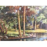 F Prosser, oil on board, river landscape with trees and kingfisher on branch, signed & dated 1953,