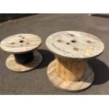 A 3ft boarded pine cable drum suitable for an outdoor table - 36in x 26.75in; and another smaller