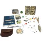 Miscellaneous fishing tackle including floats, nylon, hooks, spinners, a leather cast wallet, two