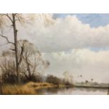 WR Jennings, oil on canvas, water landscape with ducks coming in, signed & dated, inscribed to verso