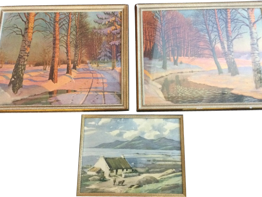Guermacheff, a pair of lithographic coloured prints, winter wooded landscapes, titled Sunset Glory