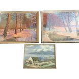 Guermacheff, a pair of lithographic coloured prints, winter wooded landscapes, titled Sunset Glory