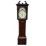 A nineteenth century mahogany longcase clock with swan-neck pediment and dentil cornice above an