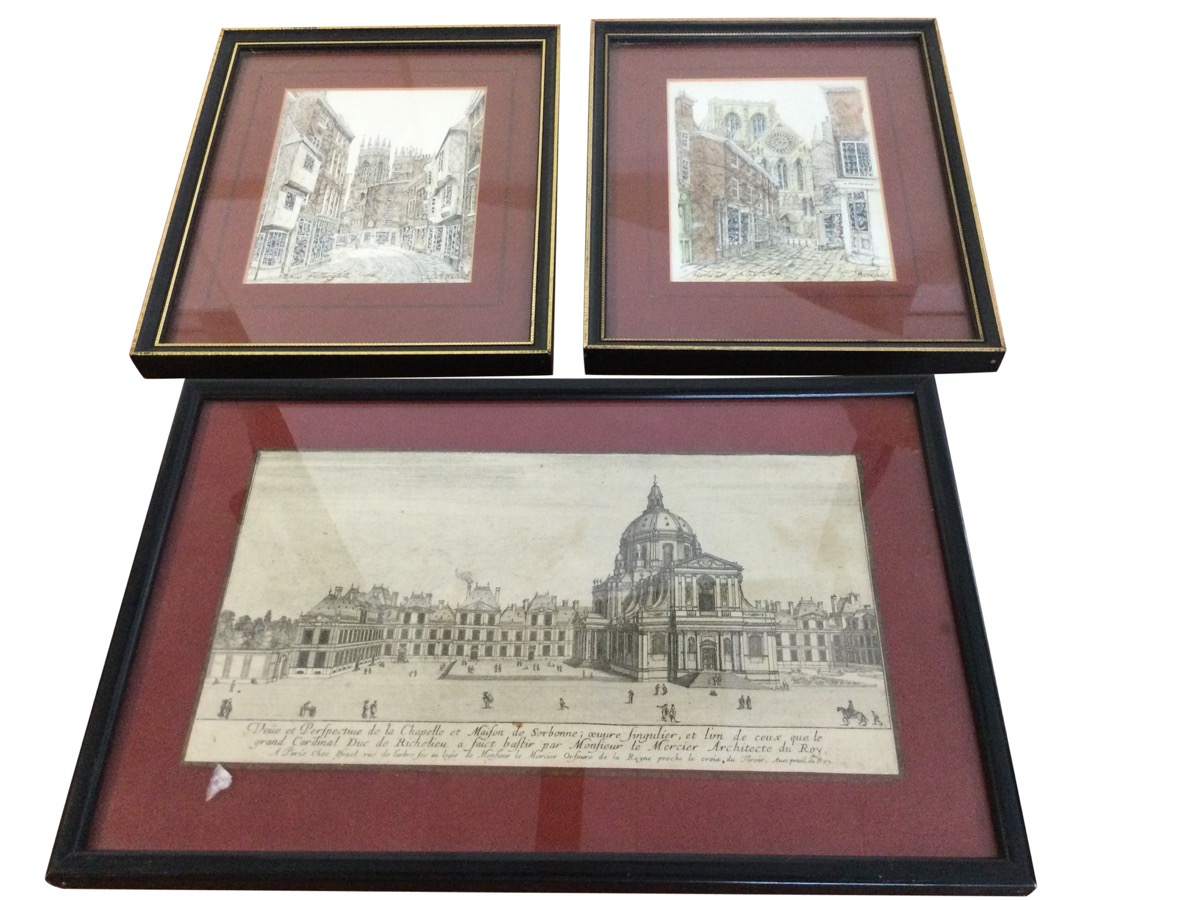 DA Heald, a pair, handcoloured prints of York, signed, mounted & framed; and an eighteenth century