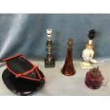 A Murano amber glass tablelamp; a purple glass oil lamp; a 70s smoked glass tablelamp; a vase