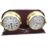 A contemporary mahogany framed ships style barometer & clock set, with bulkhead style frames on