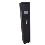 A steel gun cabinet with electric combination lock, the interior designed to take three weapons,