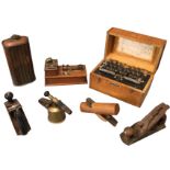 Miscellaneous collectors items - a morse code type machine on mahogany box, a ribbed copper hotwater