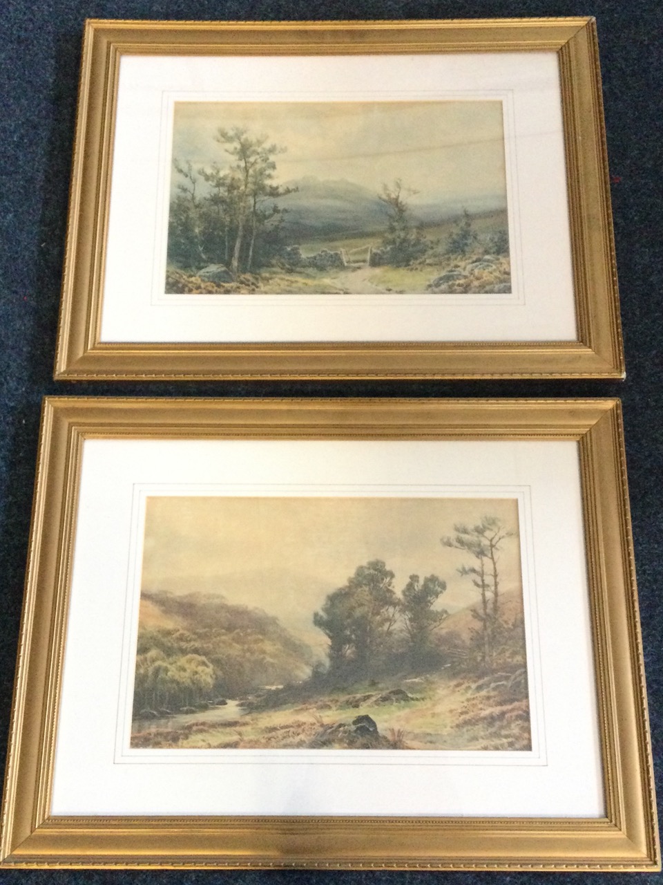 A pair of lithographic landscape prints, mounted & gilt framed. (15.5in x 10in) (2)