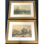 A pair of lithographic landscape prints, mounted & gilt framed. (15.5in x 10in) (2)