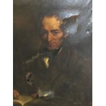 Nineteenth century oil on canvas, bust portrait of a gentleman with book, unframed & holed. (24.75in