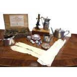 Miscellaneous items including an Edwardian silver plated three-piece fern engraved teaset, a cased