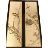 A pair of Edwardian Japanese embroidered silk panels with birds and prunus blossom foliage, in