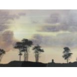 John F Martin, watercolour silhouette view of Smailholm ridge with trees on horizon, inscribed in