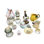 Miscellaneous ceramics including a Carton Ware hunting tobacco jar with matchstriker cover, a