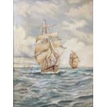 C Wright, oil on canvas, tall ships on choppy seas, signed, in gilt & gesso frame. (15.25in x 20.