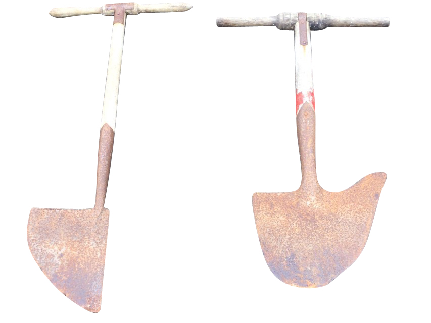 An old peat shovel with ash shaft and iron mount having shaped blade; and a similar rare half shovel