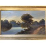 Late nineteenth century English school, oil on board, water landscape with distant gothic style