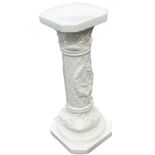 A blanc-de-chine porcelain jardiniere stand, the square canted tray top on lattice column embossed
