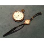 A ladies 9ct gold watch by Audemars with subsidiary second dial, mounted with leather strip; and a