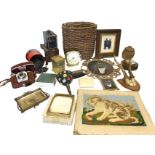 Miscellaneous collectors items including frames, a woolwork tapestry of a cat, an aneroid barometer,