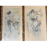 Eastern figural paintings on silk, a pair, musicians with tiger & phoenix with drapery & clouds,