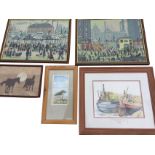 Jane Powell, watercolour of narrowboats, mounted & framed; a pair of framed woolwork tapestry