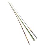 A long Victorian bamboo baize lined fly fishing rod case containing a single piece 9ft rod (with