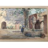 C20th century watercolour, lady at the well in mediterranean townscape, signed with initials DER,