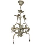 A contemporary painted hanging wrought iron light with crystal drops and scrolled leaf decoration,