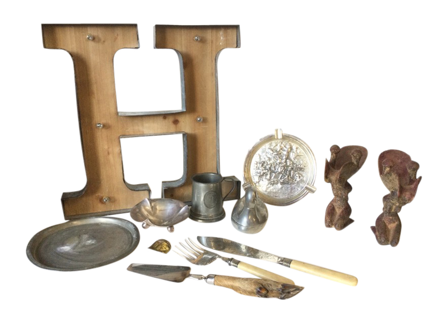 Miscellaneous metalware including an illuminated letter H, a pewter duck box, a pair of Victorian