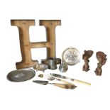 Miscellaneous metalware including an illuminated letter H, a pewter duck box, a pair of Victorian