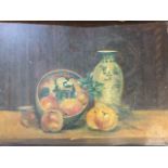 C Kirk, oil on board, still life with bowl, fruit, vase and ivy on table, signed & dated 1897,