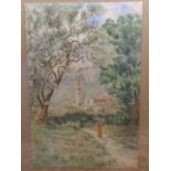 CN Campbell, watercolour, landscape with figure on path, signed, laid down & framed. (7.5in x 11.