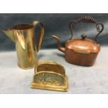 A heavy First World War trench art jug formed from a shell; an unusual rectangular riveted copper
