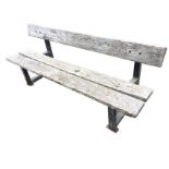 A rectangular garden bench on square metal frame, with two-plank seat and bolted baton back. (78.