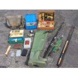 A quantity of fishing tackle including a Daiwa three-piece salmon fly rod, an Abu Delta 3 fly