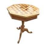 An octagonal walnut parquetry occasional table, the geometric square patterned top with a