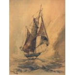 Ben Maile, coloured oileographic print titled The Ketch with sailing boat in choppy seas, in painted