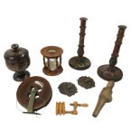 Miscellaneous treen including a pair of polychrome floral decorated pyrography candlesticks, a brass