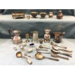 Miscellaneous silver plate including sets of flatware, serving spoons, cruets with blue glass
