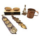 A set of Victorian scales with two brass dishes above a marble slab, on a case with circular glass