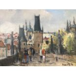 Jiri Borouicka, oil on canvas, European cityscape with figures, signed & framed, titled to verso