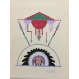 Fred Beaver, watercolour, study of an Indian head and symbols, with key to meaning to verso,
