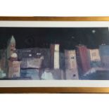 A large coloured print, nightime roofscape, signed indistinctly, mounted & gilt framed. (50in x