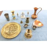 Miscellaneous metalware including a circular brass wallplate embossed with alehouse scene, a brass