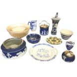 Miscellaneous blue & white ceramics including three pieces of blue jasperware with silver plated