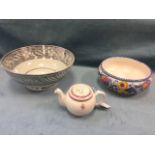 A large Victorian pearlware bowl with silver glazed leaf frieze and bands; a handpainted floral