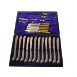 A cased set of twelve silver tea knives having scrolled pistol grips - filled; three Sheffield